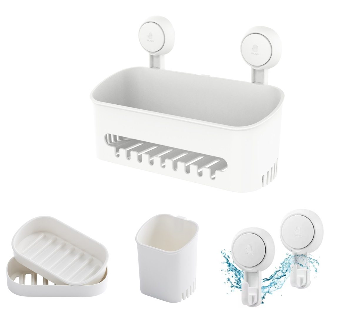 Shower Caddy Suction cup– 3pcs Bathroom Accessories Includes Soap Dish, Toothbrush Holder - Shower Shelf Set – No drilling, Adjustable, Nice Organizer Caddy Suitable for bathroom and Kitchen - White